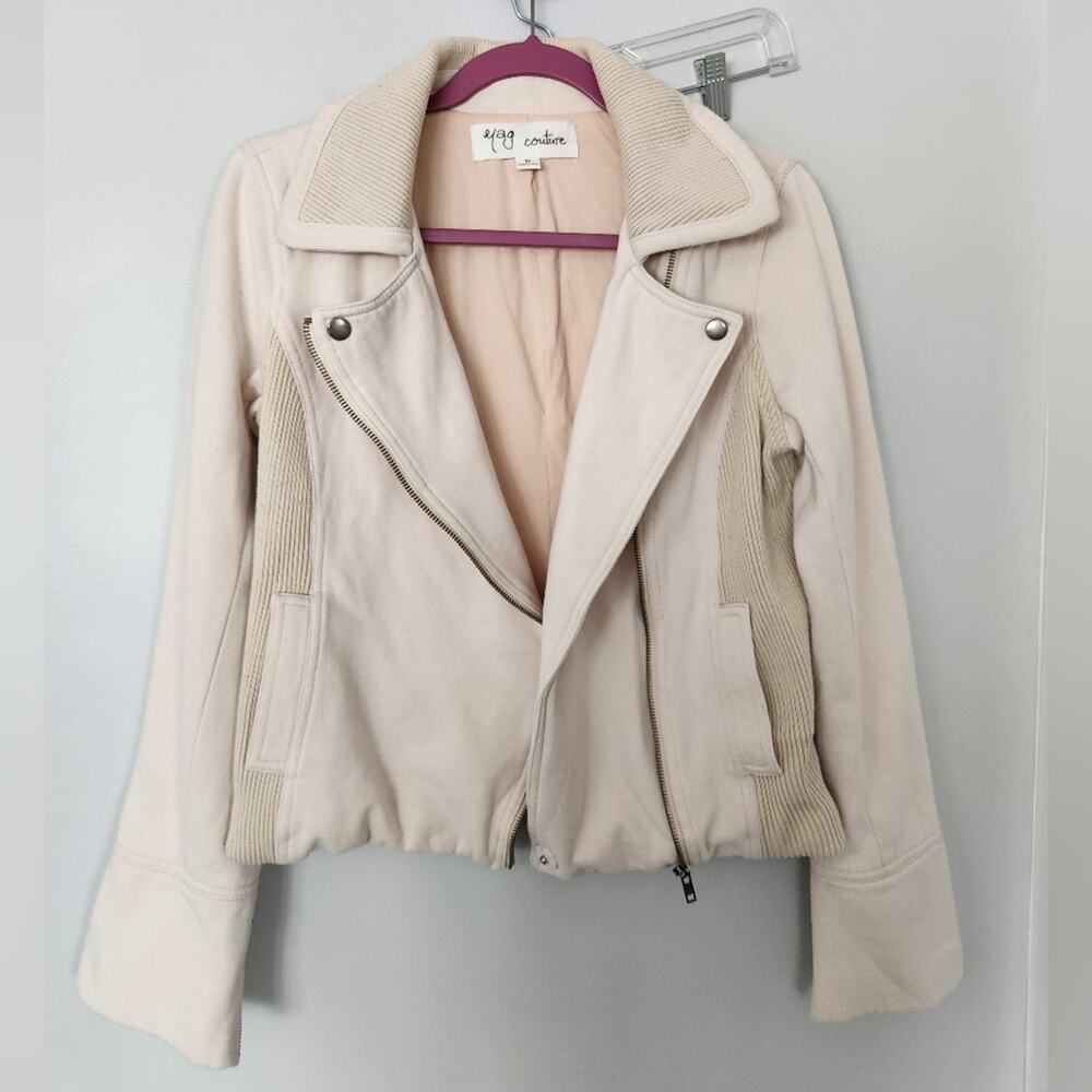 Cream colored motorcycle style jacket, sweatshirt material